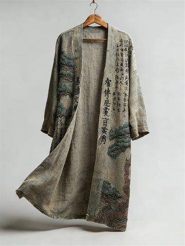 Japanese Pine Trees Calligraphy Art Linen Long Kimono