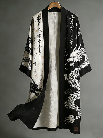 Retro Japanese Dragon Art Black And White Contrast Linen Long Kimono