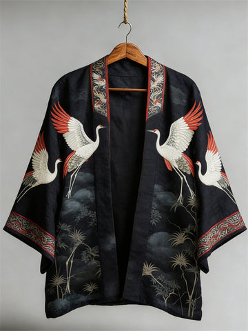 Japanese Classy Cranes & Pine Trees Art Linen Kimono
