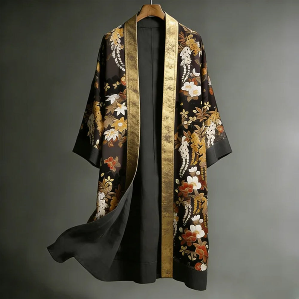 Japanese Romantic Floral Art Linen Long Kimono