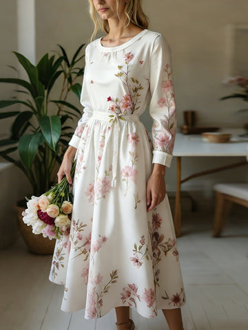 Vintage Floral Art Women's Linen Long Sleeve Midi Dress