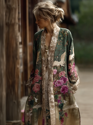Japanese Art Retro Style Plant Flower And Crane Pattern Women's Cotton And Linen Cardigan