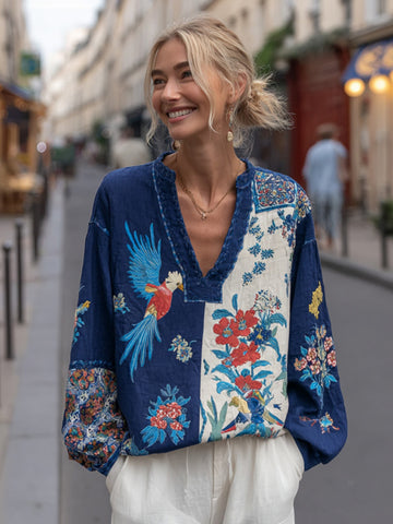 Women's Patchwork Art Floral And Bird Pattern Comfortable Top