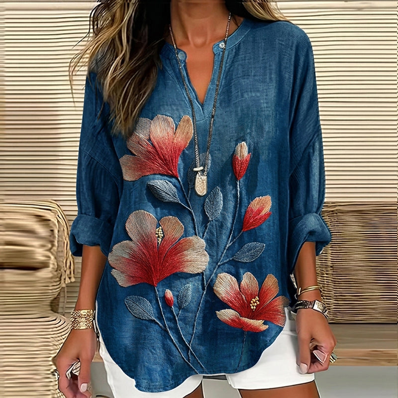 Women's Vintage Hibiscus Floral Print Casual Linen Shirt