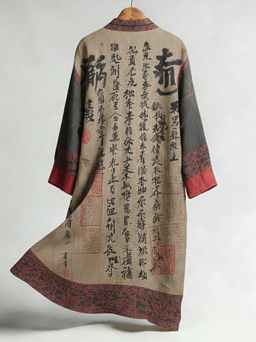 Retro Japanese Calligraphy Art Linen Blend Kimono Cardigan