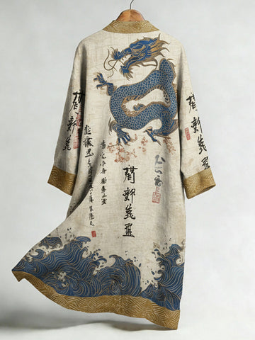 Japanese Calligraphy And Dragon Art Linen Blend Kimono Cardigan