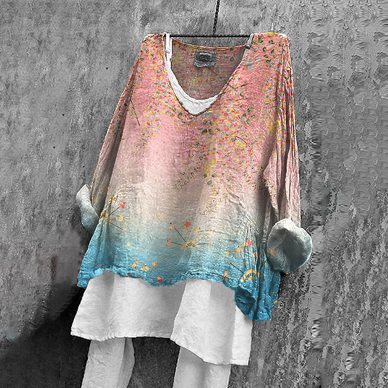 Women's Japanese Floral Gradient Art V-neck Linen Blend T-shirt