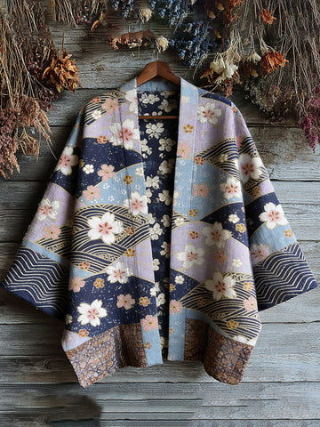 Retro Japanese Floral Traditional Sashiko Art Print Cotton And Linen Blend Kimono Cardigan