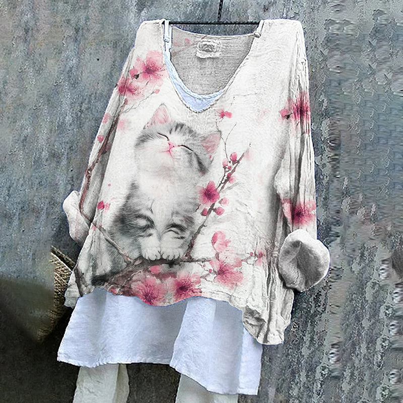 Women's Cute Cat With Cherry Blossoms Ink Art V-neck Linen Blend T-shirt