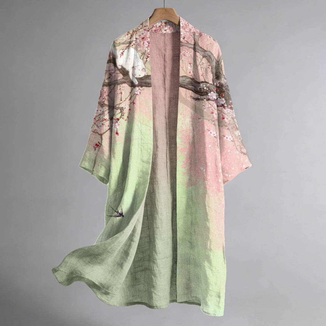 Women's Japanese Cherry Blossom And Cat Art Linen Long Kimono