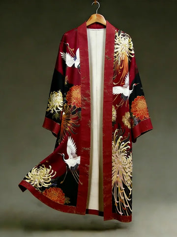 Japanese-style Crane And Chrysanthemum Embroidered Art Linen Long Kimono