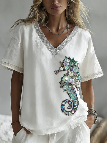 Retro Ocean Seahorse With Buttons Pattern Linen V-neck T-shirt