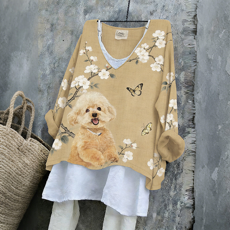 Women's Cute Poodle With Pear Blossom Art V-neck Linen Blend T-shirt