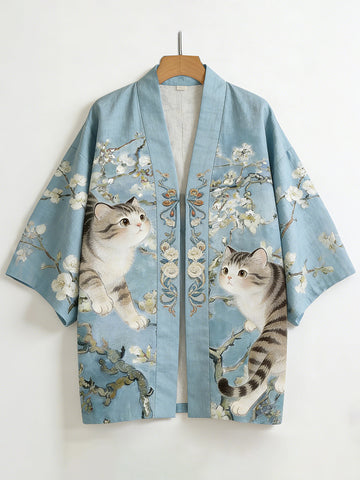 Japanese Cute Cats And Apricot Blossoms Art Linen Blend Kimono Cardigan