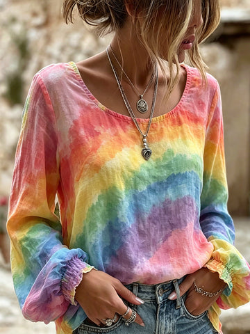 Women's Retro Gradient Art Print Flowy Linen Blend Long Sleeve Round Neck Top