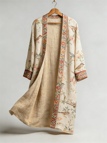 Classy Boho Birds Floral Flowy Linen Long Kimono