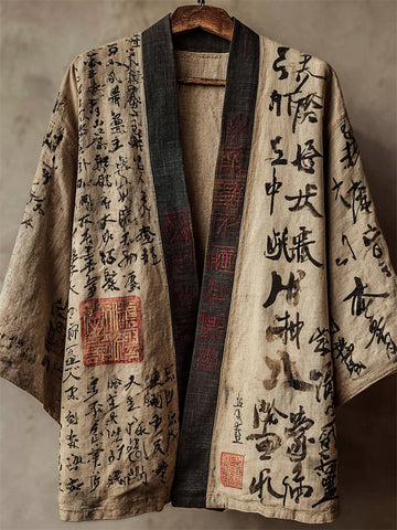 Japanese Calligraphy Art Vintage Linen Kimono