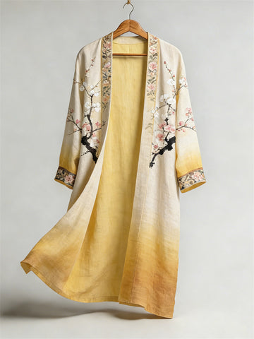 Japanese Cherry Blossom Boho Gradient Flowy Long Linen Kimono