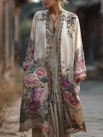 Japanese Art Retro Style Plant Flower And Crane Pattern Women's Cotton And Linen Cardigan